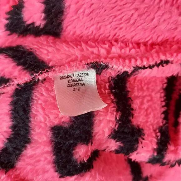 Victoria’s Secret PINK Robe XS/S Logo Plush Hot Pink Black Belted Fleece Sleepwe - Picture 7 of 8